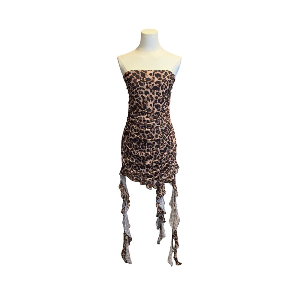 Leopard Print Mesh Strapless Dress Asymmetrical Ruched Trim Plus Size 2XL Y2K